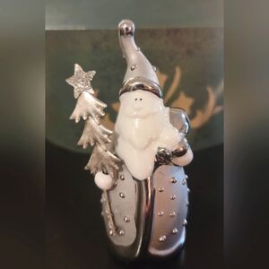 GLASS SANTA FIGURINE with Christmas Tree, Silver & White - Pier 1 Imports